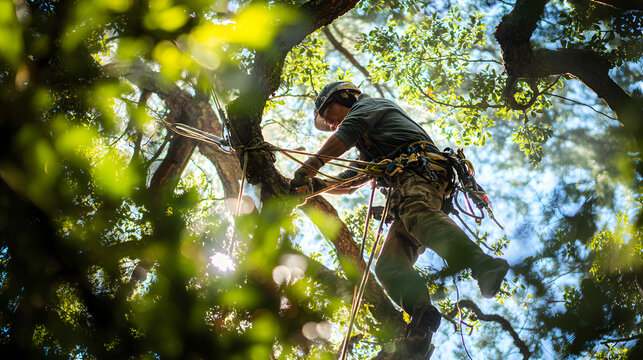An arborist harnessed high in a tree canopy pruning branches with a handsaw, safety ropes and carabiners visible, dappled sunlight filtering through leaves above, ground blurred far below