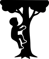 Child Climbing Up a Tree Trunk with Lush Green Foliage Above