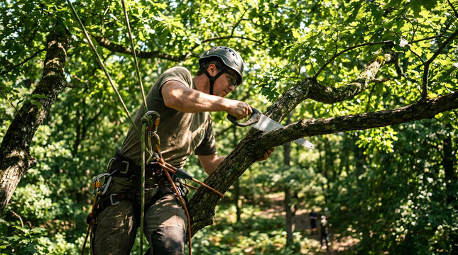 An arborist harnessed high in a tree canopy pruning branches with a handsaw, safety ropes and carabiners visible, dappled sunlight filtering through leaves above, ground blurred far below