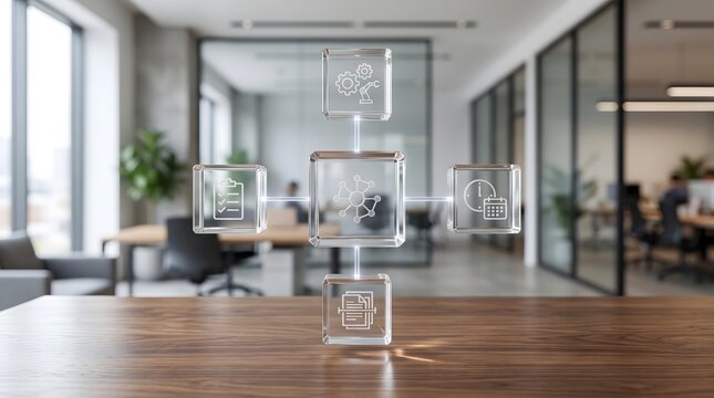 Transparent glass blocks displaying digital business icons on wooden table. Concept of enterprise resource planning and corporate strategy.