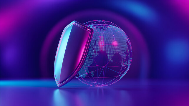 Cybersecurity concept with a protective shield and a digital globe