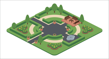 Fototapeta premium Isometric garden landscape with trees pathways and benches on a white background park pathway foliage