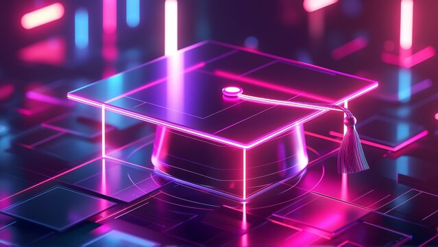 digital illustration graduation cap tassel top cap placed square shaped platform grid like pattern background filled pink blue neon lights creating futuristic technological feel lights arranged way