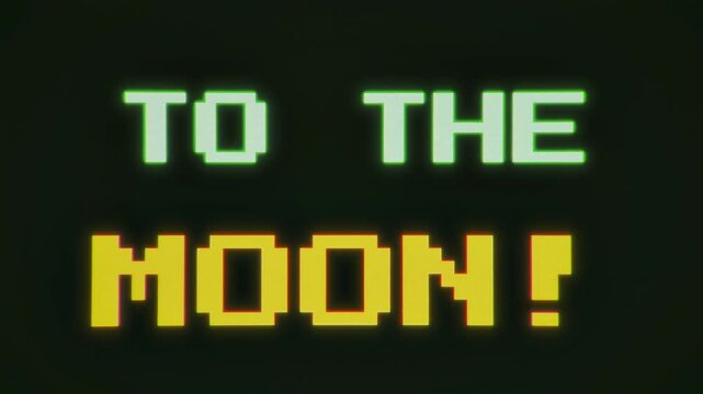 To The Moon crypto text animation rises from below with layered shadow trails, pixel-style lettering, and green glow on a dark background. Expresses bullish Bitcoin and trading optimism.
