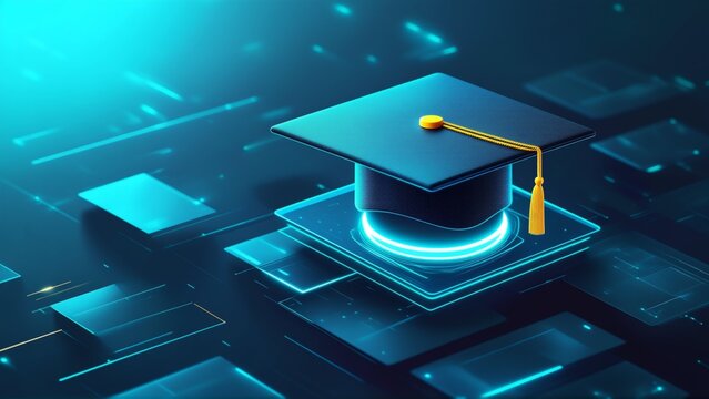 digital illustration graduation cap yellow tassel top cap placed square base blue light emanating background dark blue color pattern small squares lines overall mood futuristic technological