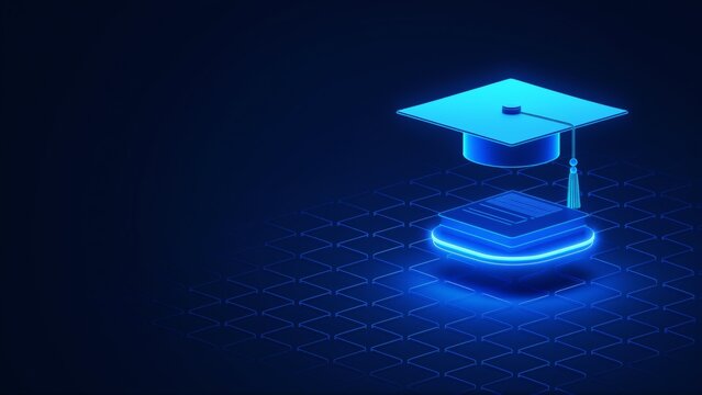 illustration graduation cap stack books dark blue background graduation cap top books tassel hanging top books arranged grid like pattern book slightly overlapping one below series interconnected