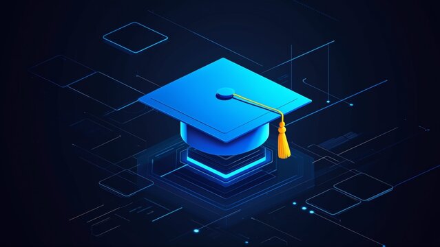 isometric illustration blue graduation cap yellow tassel top cap placed square base grid like pattern around background black blue lines squares scattered throughout creating futuristic technological