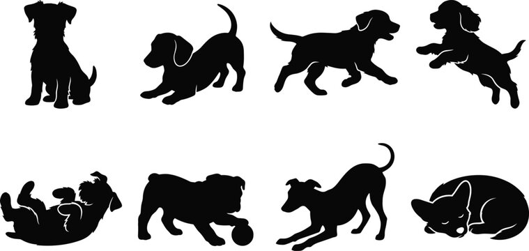 Cute puppy silhouette collection featuring dogs sitting running jumping playing stretching and sleeping