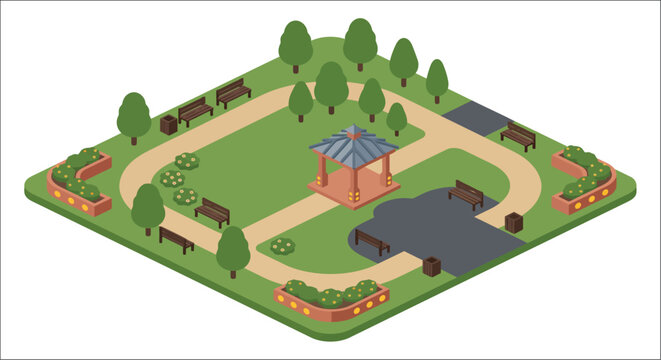 Isometric park illustration with winding paths gazebo benches and stylized trees and landscaping vector garden