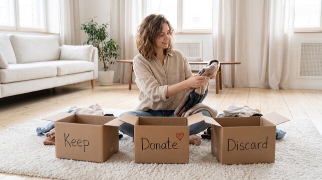 Woman sorting clothes into keep donate discard boxes at home decluttering and organizing wardrobe