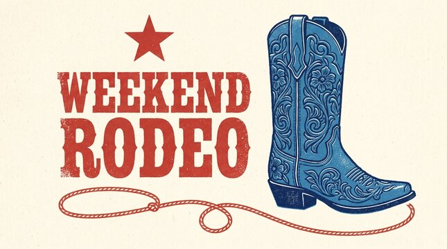 Weekend Rodeo Text and Blue Cowboy Boot with Lasso Illustration