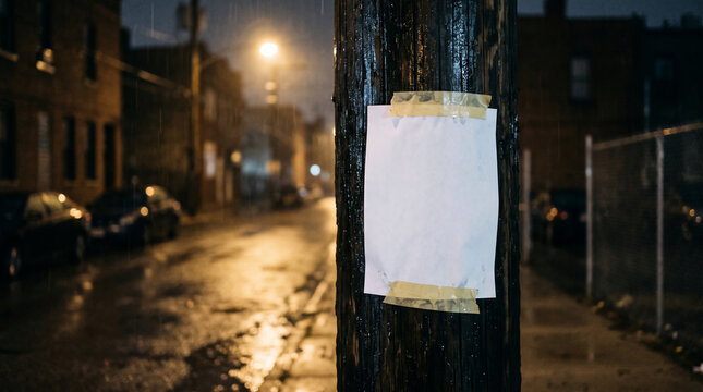 Empty Notice on Rainy Street: A blank piece of paper is taped to a pole on a dark, wet street at night, with streetlights casting an eerie glow and cars parked along the side.