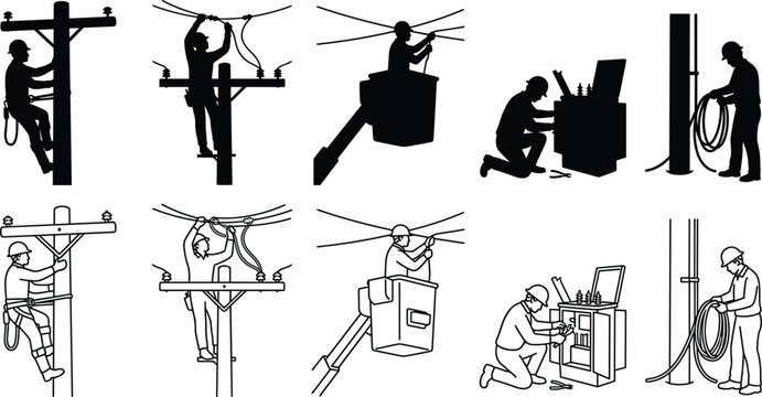 Utility Lineman and Electrical Technician Silhouette and Line Art Vector Set Collection