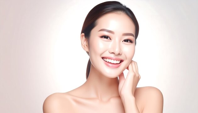 Portrait of a young, smiling woman with flawless skin and elegant makeup, posing with one hand near her face