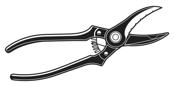 Black pruning shears silhouette, isolated on white background, gardening tool, black silhouette