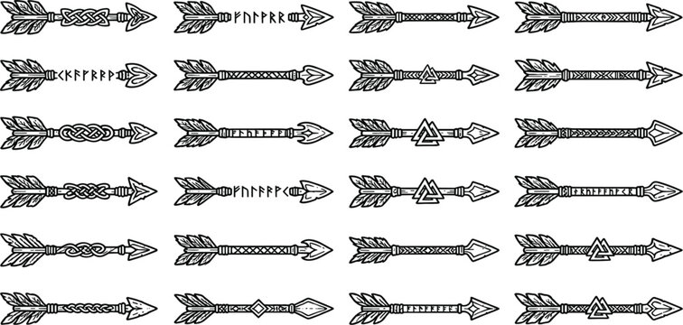 Viking Arrow Silhouette Vector Set with Nordic Futhark Runes Valknut Symbols and Celtic Knot Ornaments for Tattoo Designs and T-Shirt Prints