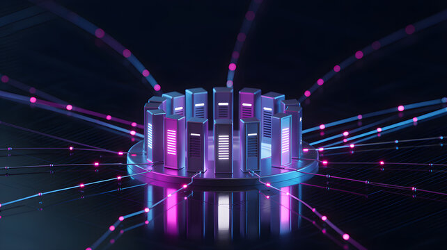 3d render of a circular server array with glowing data lines on a dark technological background