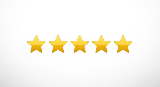 Five gold stars rating icon symbol for customer service review and top quality satisfaction on white background