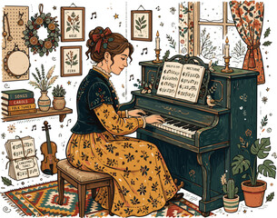 Created on colorful hand drawn Women music room playing piano wearing vintage festive clothing vector art on white background