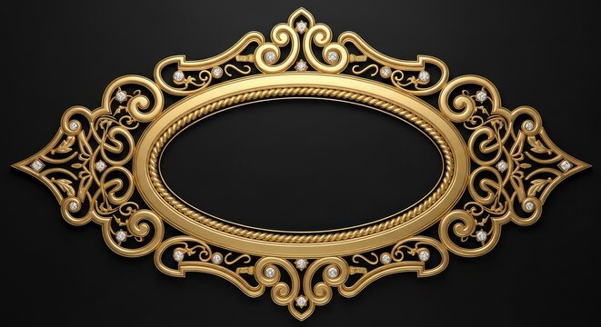 Luxurious Ornate Golden Oval Frame with Intricate Filigree and Diamond Accents on Black Background