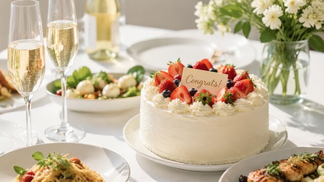 A celebratory white cake topped with fresh berries and a "Congrats!" sign sits on a table set for a feast with champagne, pasta, and flowers, perfect for a joyful social gathering