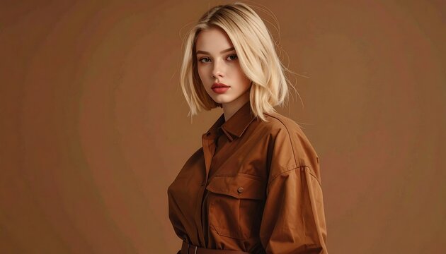 Portrait of a young woman with blonde bob hair, wearing a brown shirt, and posing against a brown background