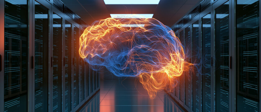 AI Brain in Server Room: A glowing, abstract representation of a human brain, pulsating with fiery orange and cool blue energy, is superimposed over a sleek, modern server room.