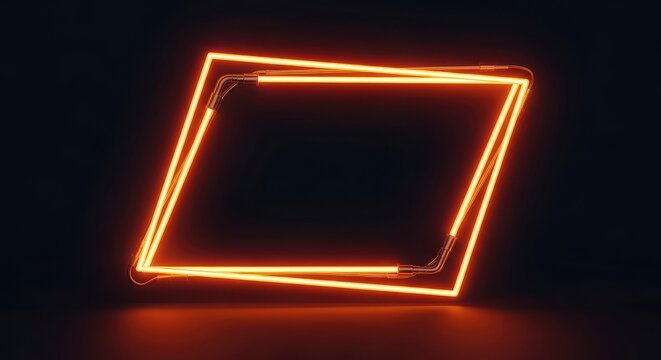 Glowing orange neon parallelogram frame with double lines on a dark background, modern abstract light border for copy space