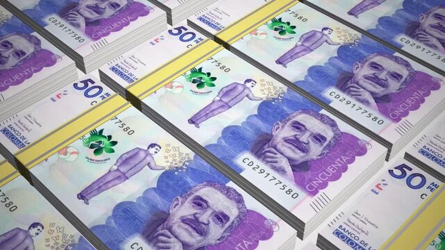 Stacks of 50 COP or Fifty Colombian peso banknotes or currency. Neat Rows of Colombia 50 peso Bank note in 3D Motion. 4k Animation.