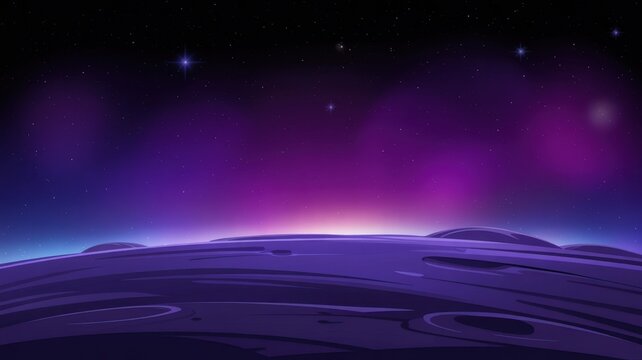 A cinematic cartoon style view of a distant alien planet surface