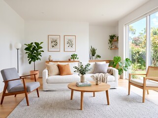 Fototapeta premium 白いソファと木製家具が並ぶ観葉植物のある美しい部屋