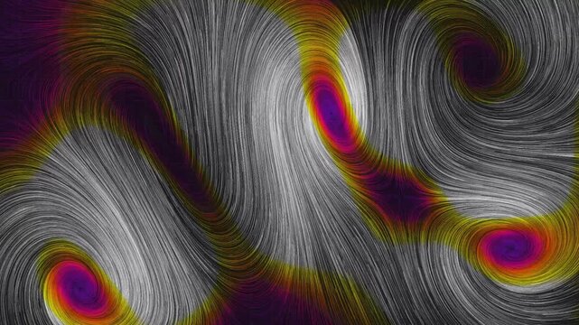Hot thermal wind currents with vibrant magenta and yellow vortex points swirl across a dark background in an abstract vector field motion render