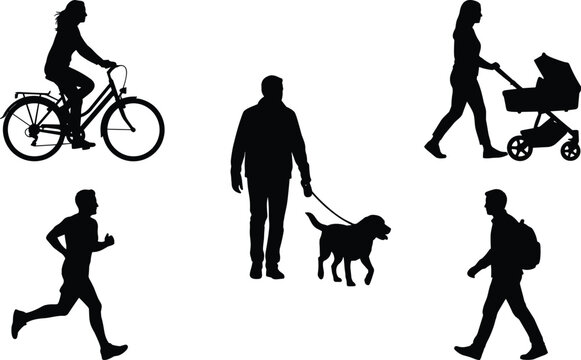 Black silhouette vector set of diverse people cycling running walking dog and pushing baby stroller