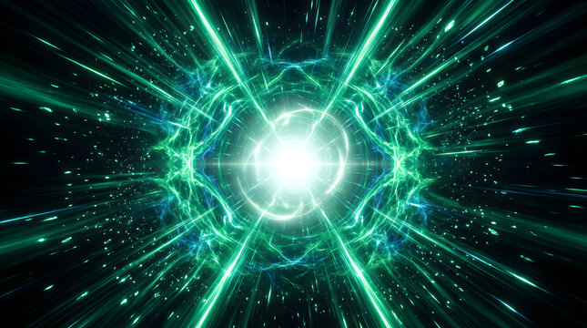 Green Light Speed Tunnel Burst with Glowing Plasma Sparks