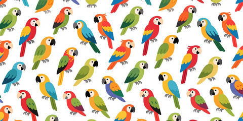 Fototapeta premium A repeating pattern of variously colored parrots, mostly macaws and parakeets, in vibrant hues and flat illustration style, on a white background.