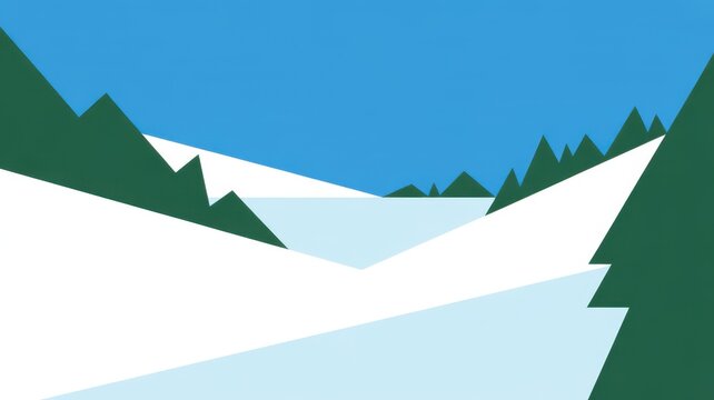 A minimalist flat illustration of a winter valley with snowy mountains