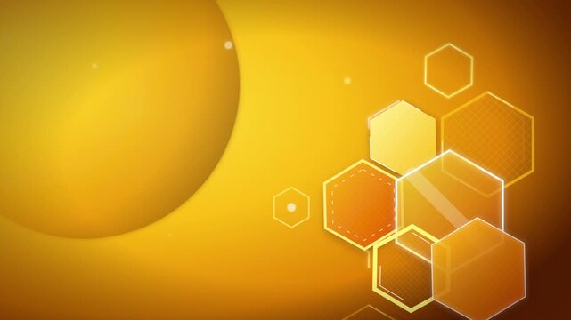 Abstract hexagon network geometric shapes floating over warm golden gradient background motion graphic