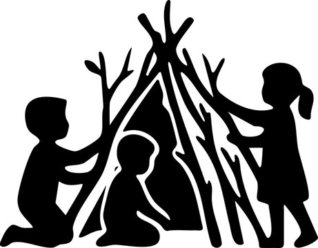 Children Building a Stick Fort Outdoors Together in Playful Activity