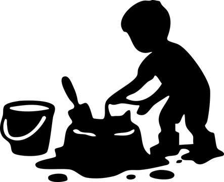 Child Playing With Paint Bucket and Brush Making a Mess