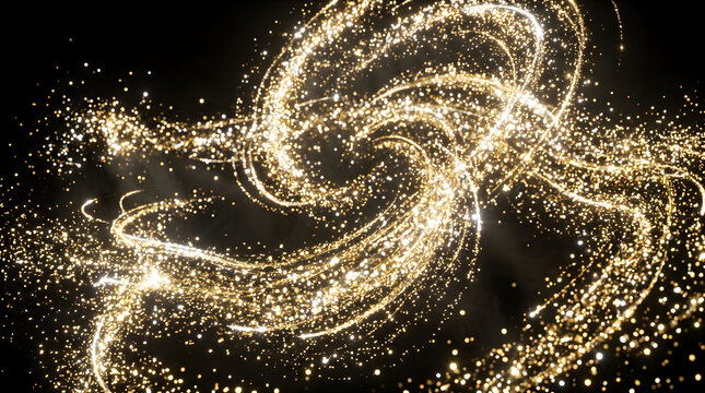 Elegant Golden Particle Swirl Stream on Dark Background