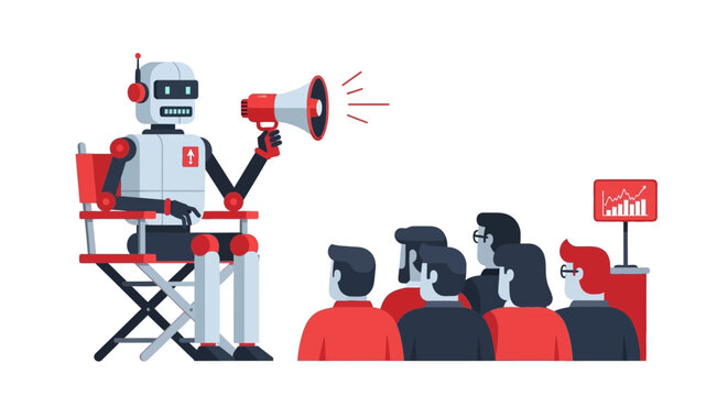 AI Leadership and Management: Robot Director Speaking to Human Audience through Megaphone Vector Illustration