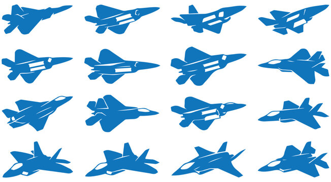 Military fighter jet vector icons set with various stealth aircraft silhouettes for aviation and defense designs