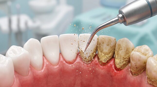 Professional dental procedure removing tartar and plaque from teeth