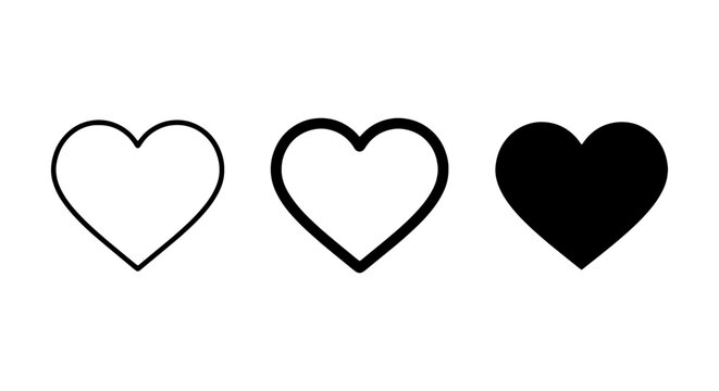 Heart icon set, three black vector hearts, love symbol collection, favorite button graphics