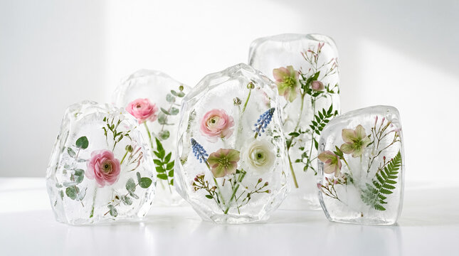 Beautiful Spring Flowers Frozen in Clear Ice Blocks on White Background