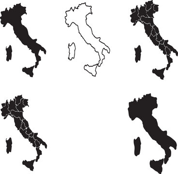 Set of black map shapes and outlines of italy with regional borders