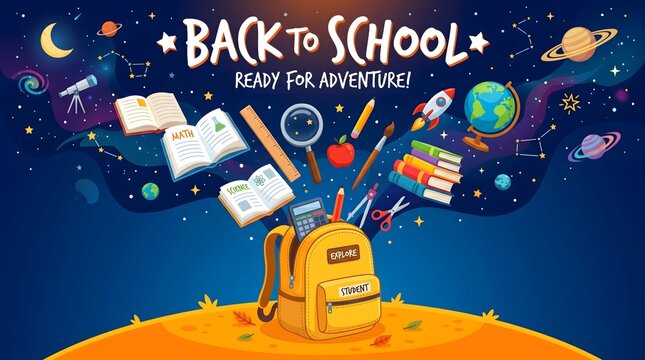 Back to school banner with backpack and supplies. Education concept with space background.