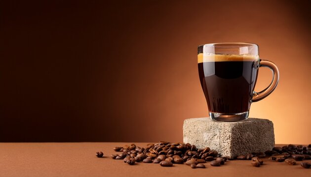 Glass Of Dark Coffee Drink On A Stone Pedestal With Scattered Beans And Copy Space On A Warm Brown Background