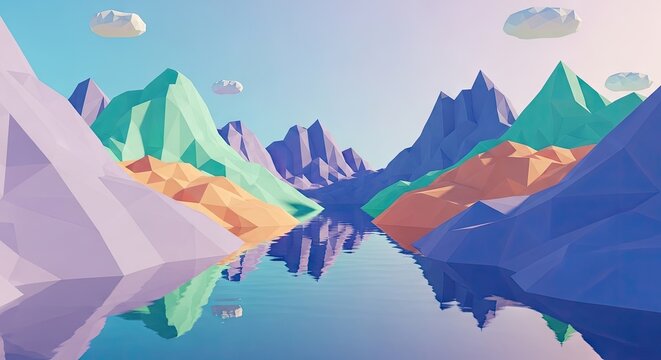Playful low poly landscape with floating clouds and water.