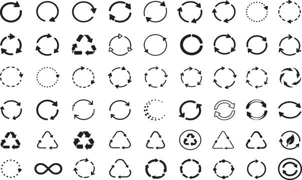 Set of black circular arrow icons for refresh and recycle symbols